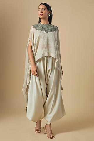Ivory Tissue Green Thread Embroidered Kaftan Set by Prisho