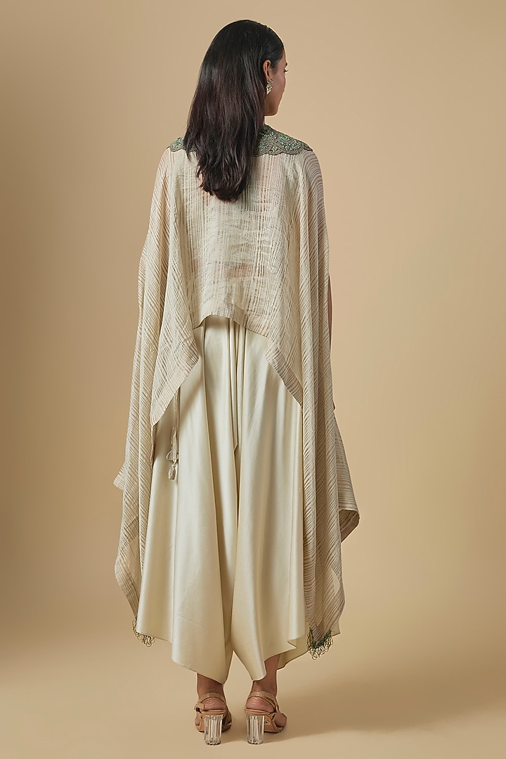 Ivory Tissue Green Thread Embroidered Kaftan Set by Prisho at Pernia's Pop Up Shop