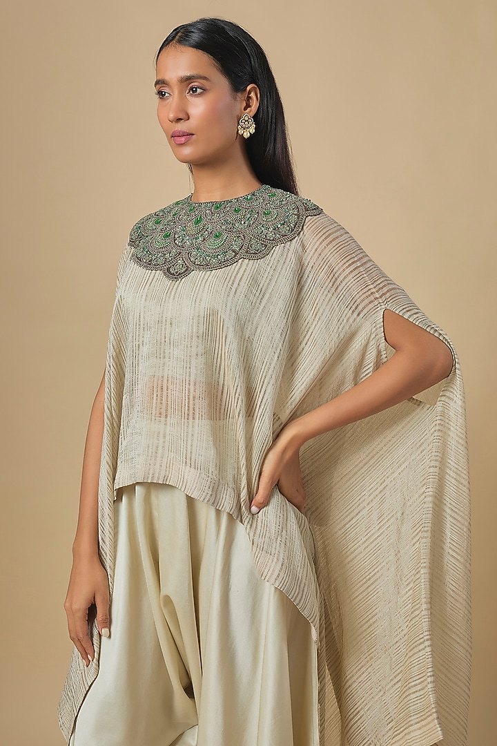 Ivory Tissue Green Thread Embroidered Kaftan Set by Prisho at Pernia's Pop Up Shop