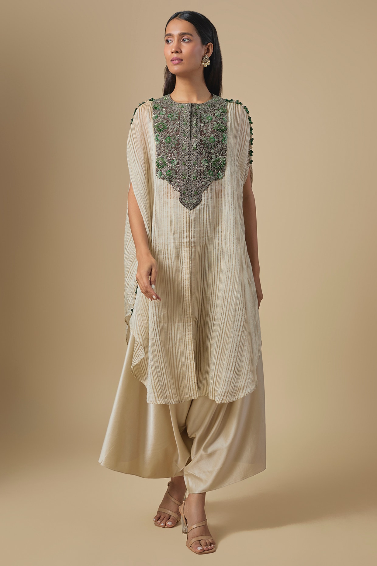 Prisho Ivory Tissue Thread Embroidered Kaftan Set