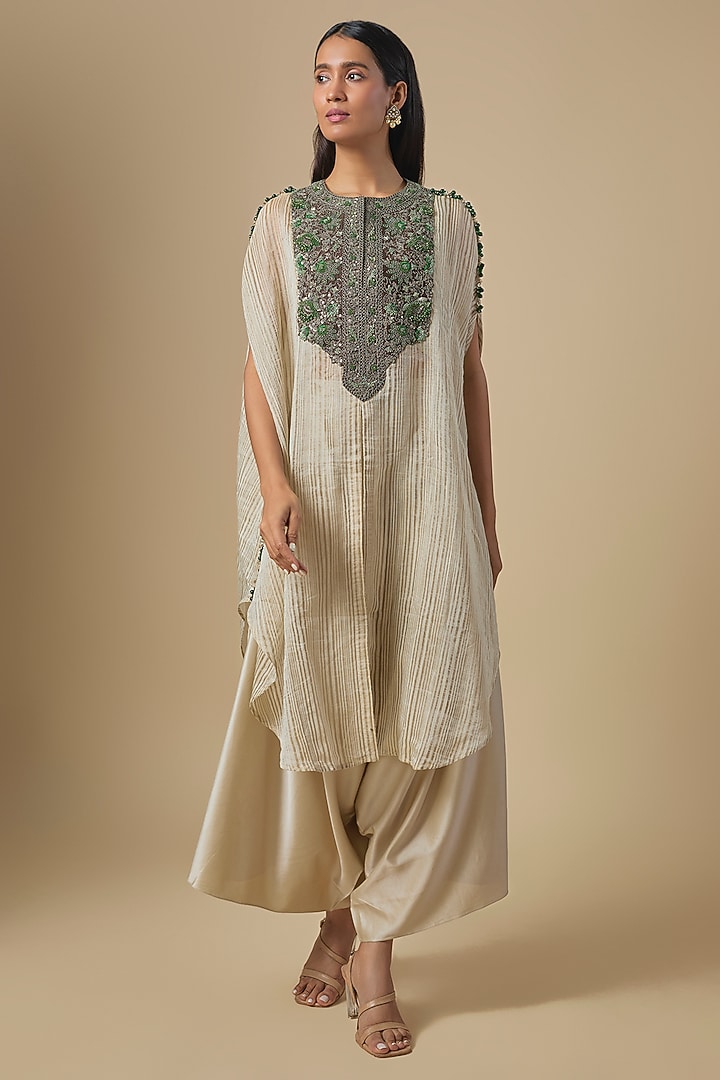 Ivory Tissue Thread Embroidered Kaftan Set by Prisho at Pernia's Pop Up Shop