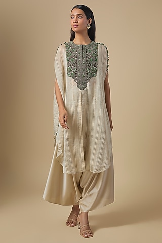 Ivory Tissue Thread Embroidered Kaftan Set by Prisho