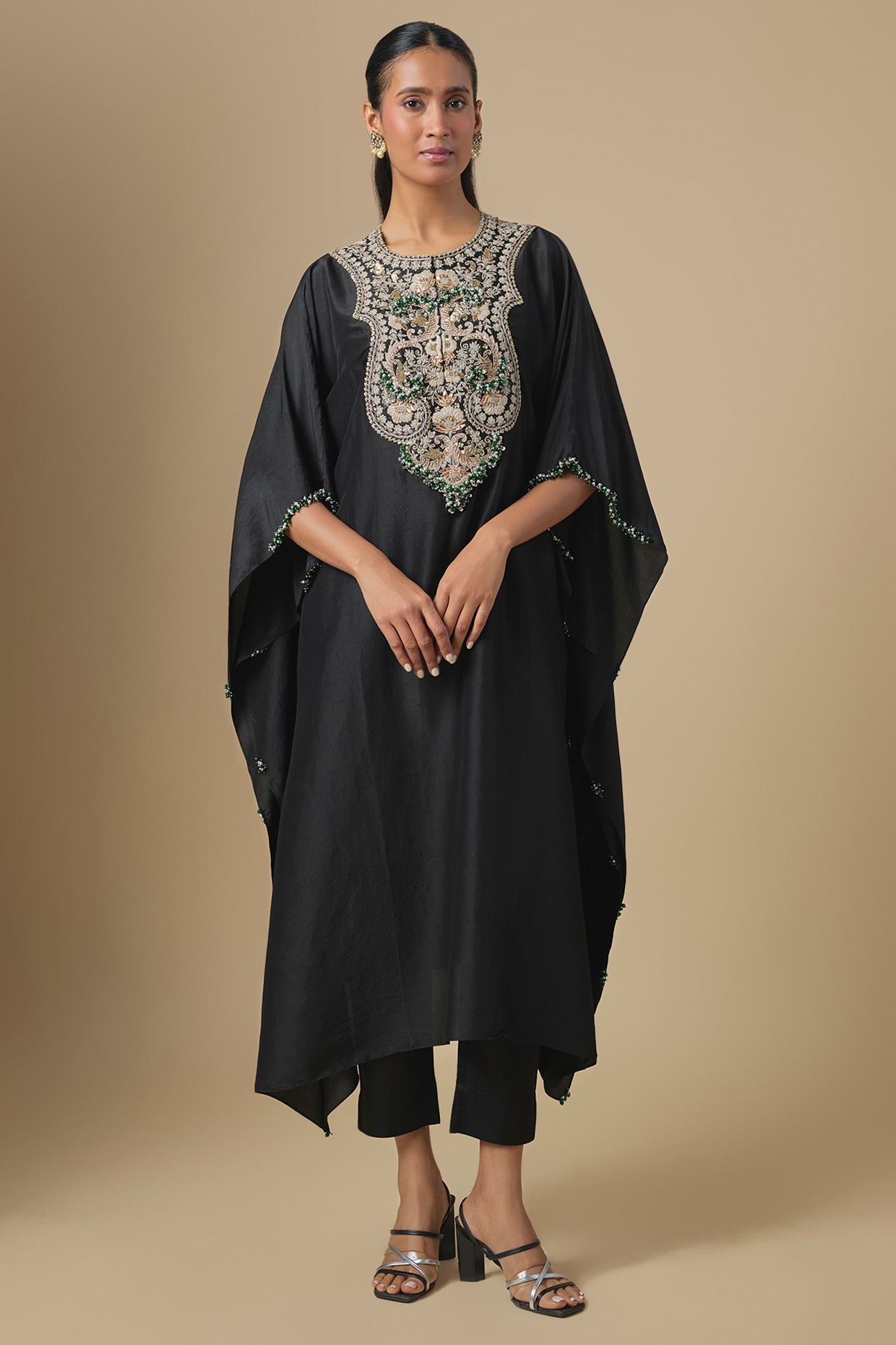 Prisho Black Silk Mukaish Embroidered Kaftan Set