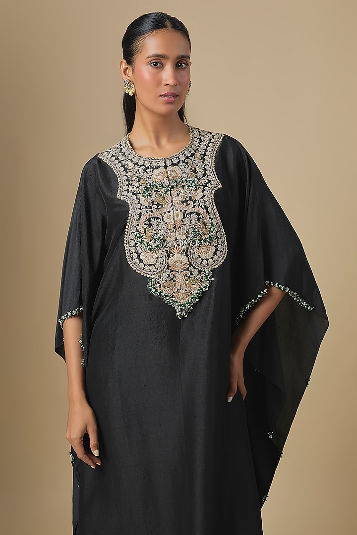 Black Silk Mukaish Embroidered Kaftan Set by Prisho at Pernia's Pop Up Shop