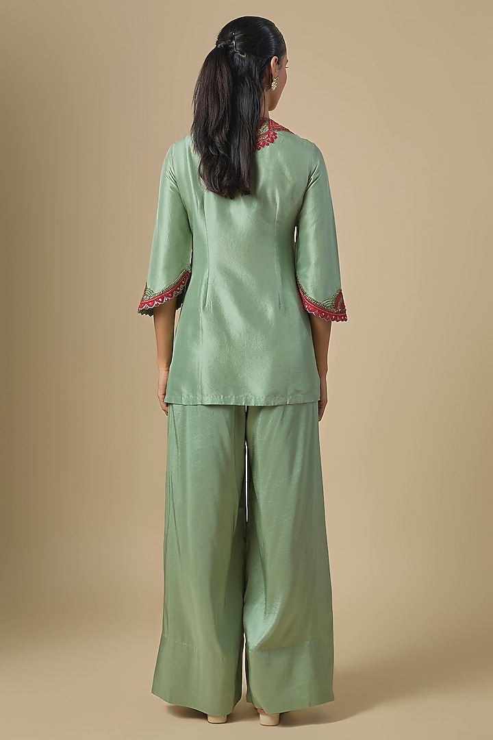 Deep Aqua Silk Thread Embroidered Kurta Set by Prisho at Pernia's Pop Up Shop
