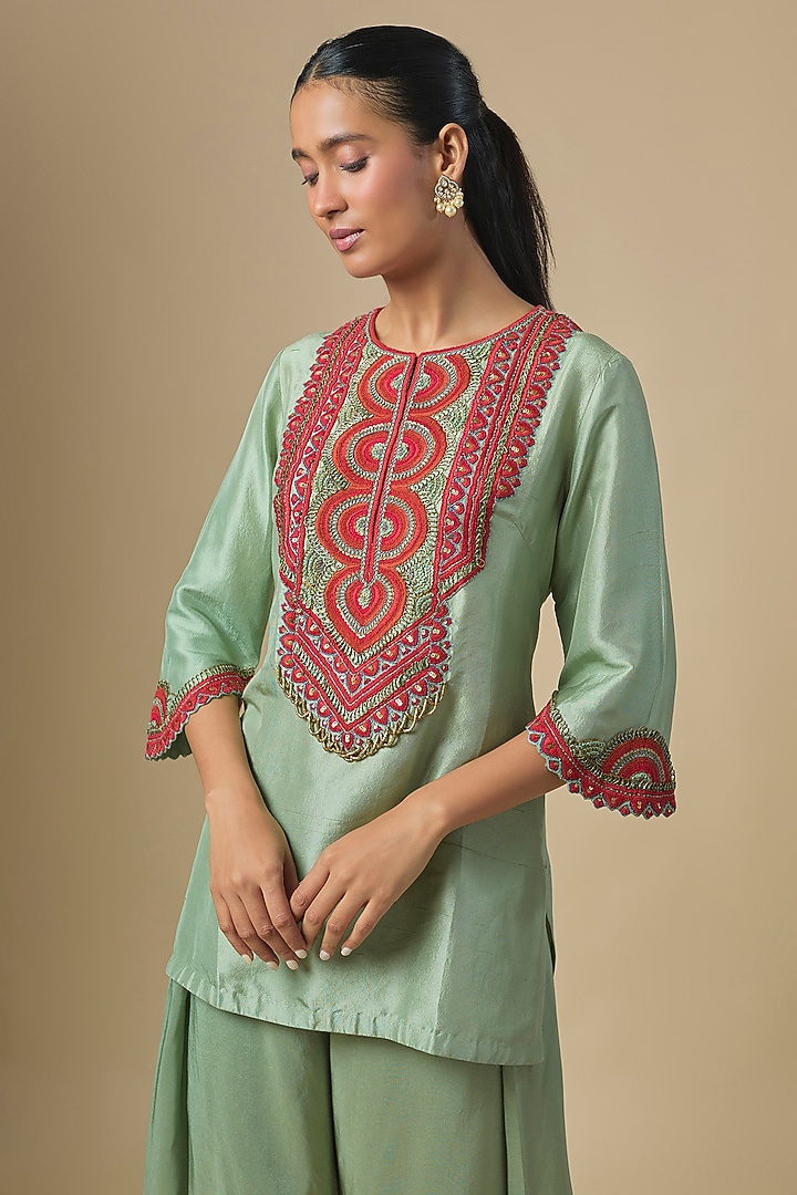 Deep Aqua Silk Thread Embroidered Kurta Set by Prisho at Pernia's Pop Up Shop