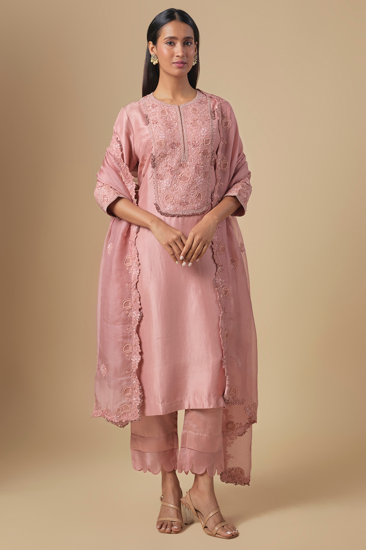 Prisho Dark Flamingo Silk Resham Embroidered Kurta Set