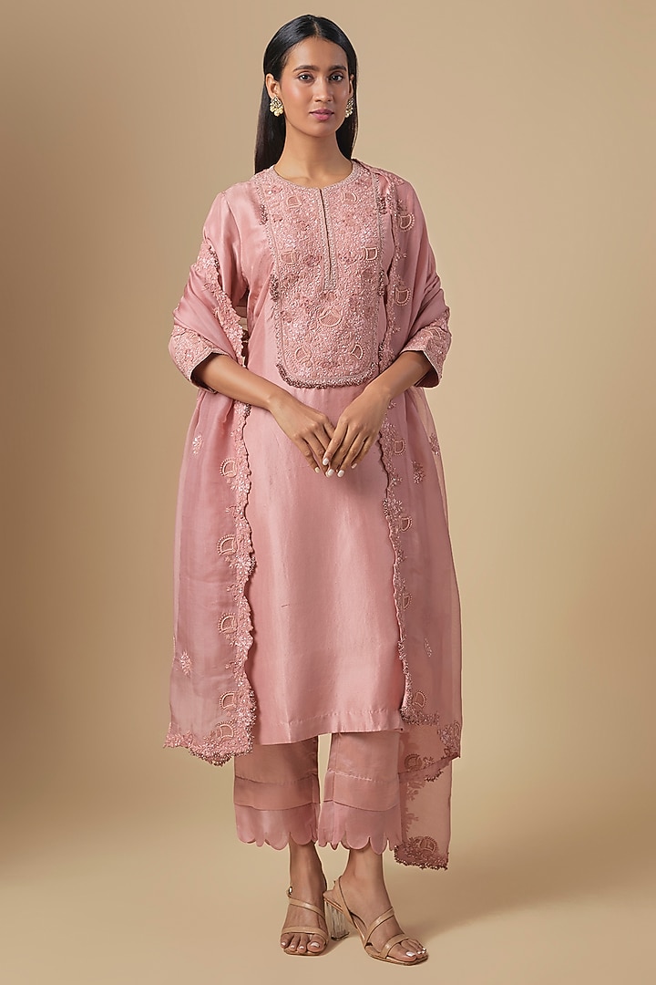 Dark Flamingo Silk Resham Embroidered Kurta Set by Prisho at Pernia's Pop Up Shop