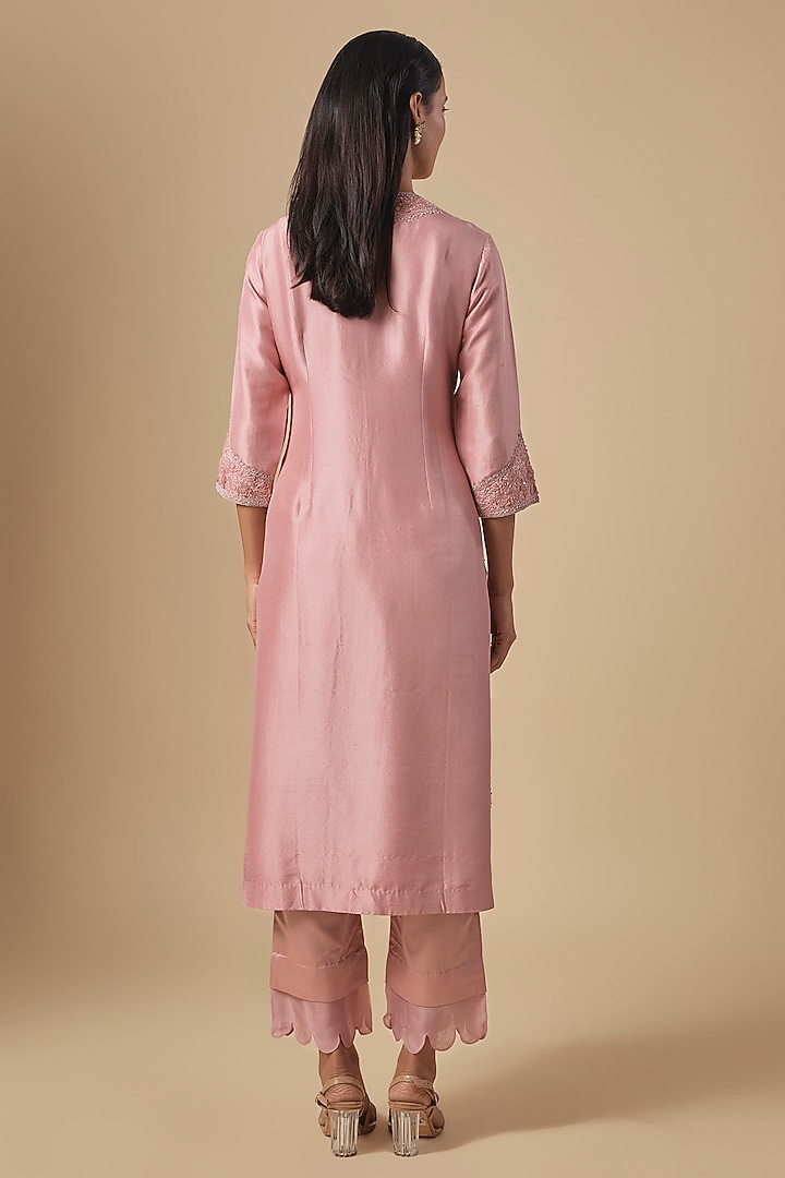 Dark Flamingo Silk Resham Embroidered Kurta Set by Prisho at Pernia's Pop Up Shop