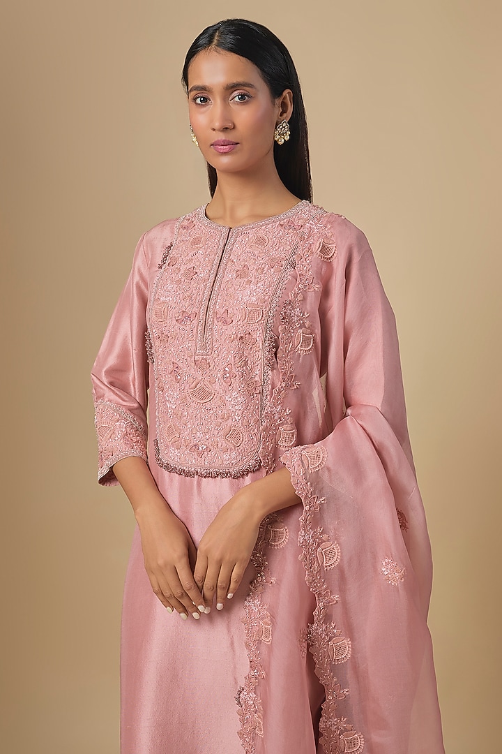 Dark Flamingo Silk Resham Embroidered Kurta Set by Prisho at Pernia's Pop Up Shop