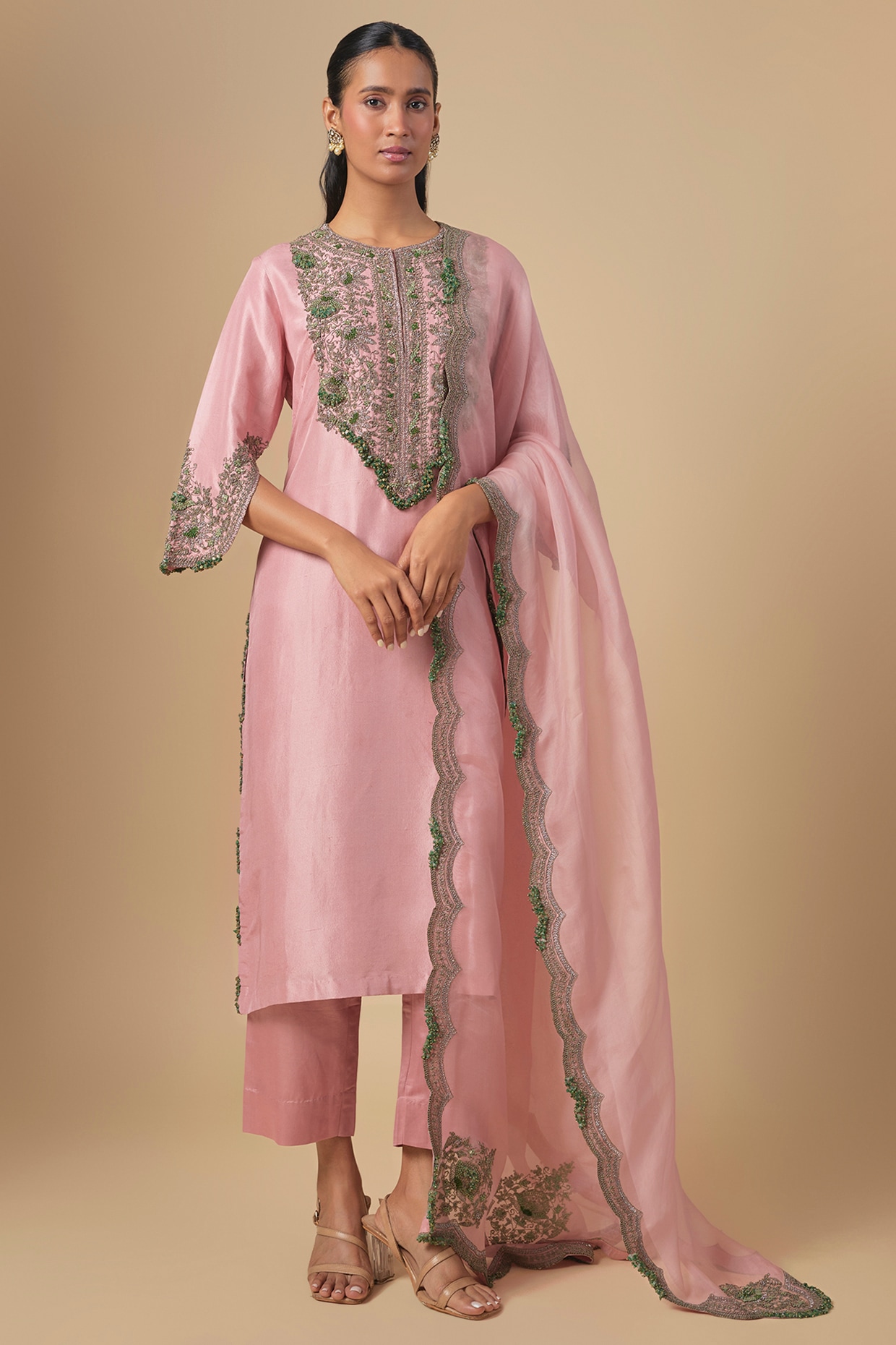 Prisho Dark Flamingo Silk Thread Embroidered Kurta Set