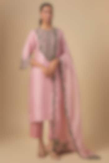 Dark Flamingo Silk Thread Embroidered Kurta Set by Prisho at Pernia's Pop Up Shop