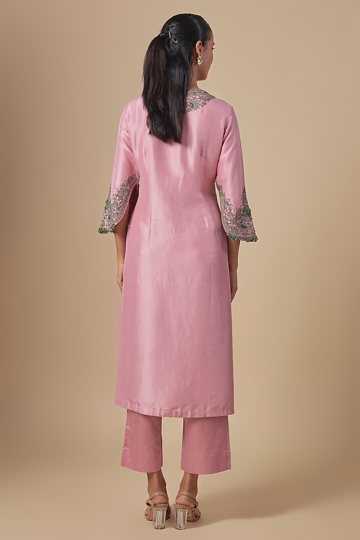 Dark Flamingo Silk Thread Embroidered Kurta Set by Prisho at Pernia's Pop Up Shop
