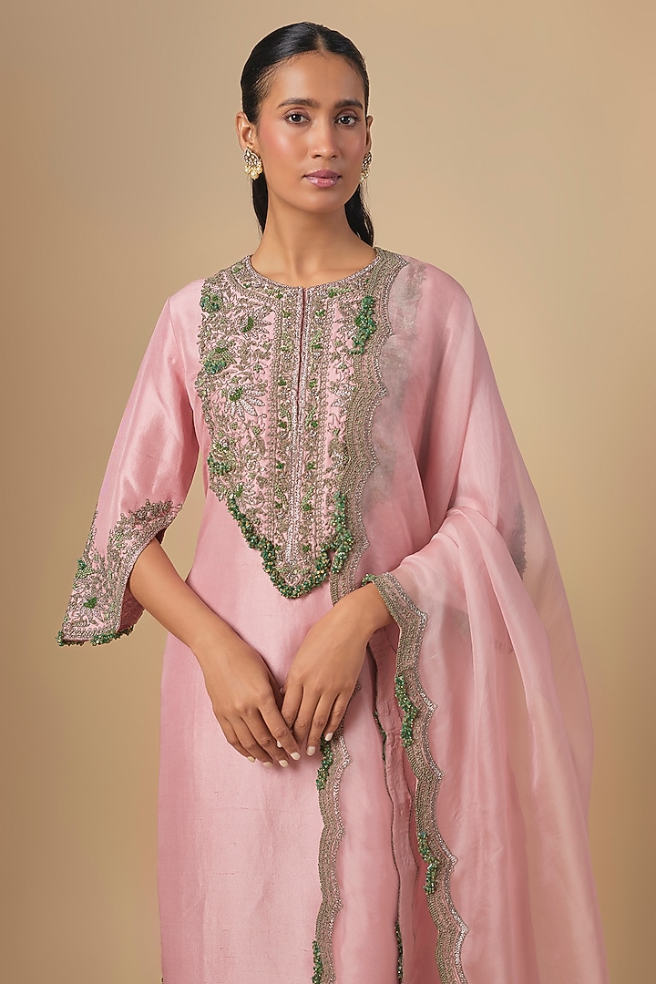 Dark Flamingo Silk Thread Embroidered Kurta Set by Prisho at Pernia's Pop Up Shop