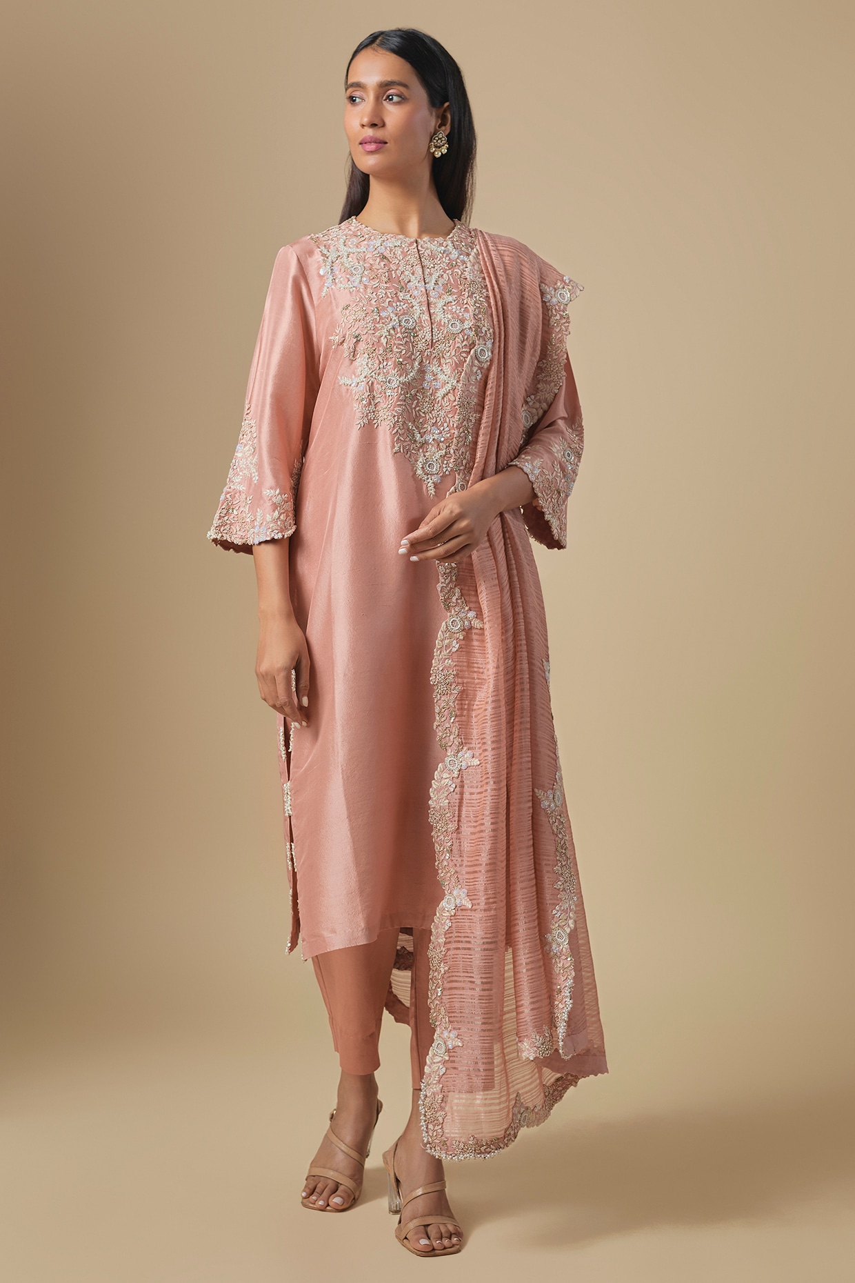 Prisho Peach Silk Moti & Resham Embroidered Kurta Set