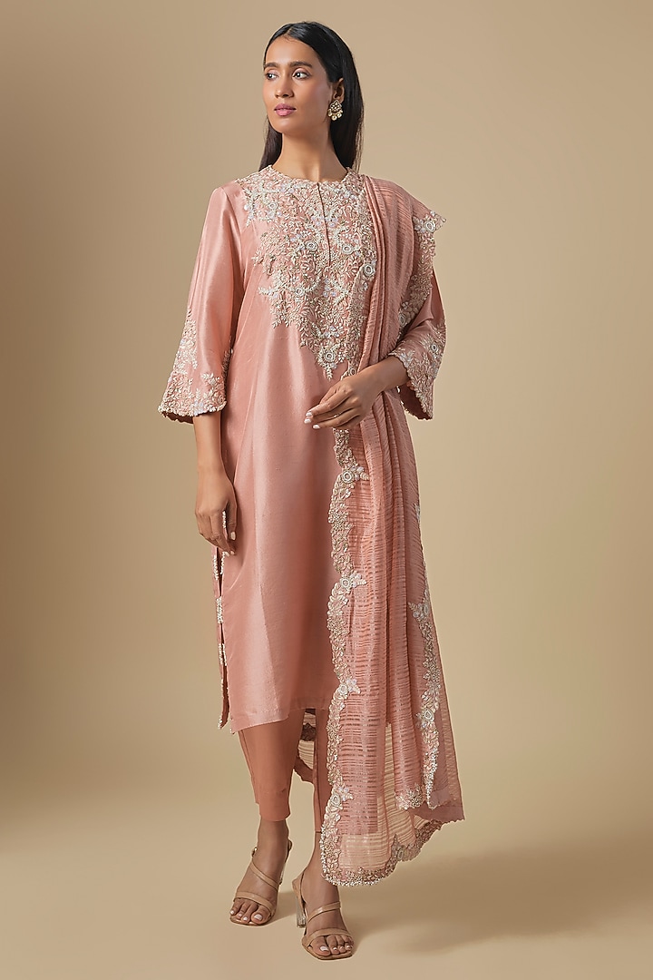 Peach Silk Moti & Resham Embroidered Kurta Set by Prisho at Pernia's Pop Up Shop