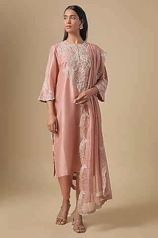 Peach Silk Moti & Resham Embroidered Kurta Set by Prisho