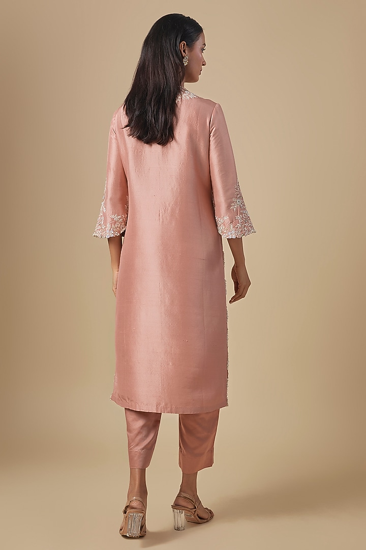 Peach Silk Moti & Resham Embroidered Kurta Set by Prisho at Pernia's Pop Up Shop