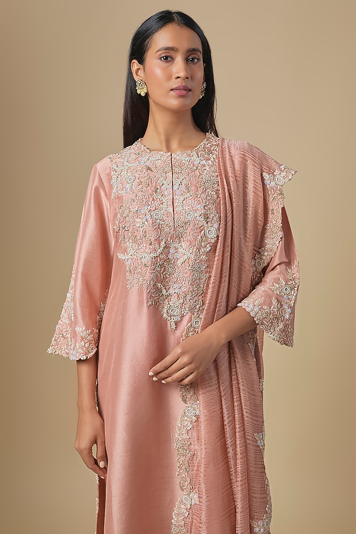 Peach Silk Moti & Resham Embroidered Kurta Set by Prisho at Pernia's Pop Up Shop