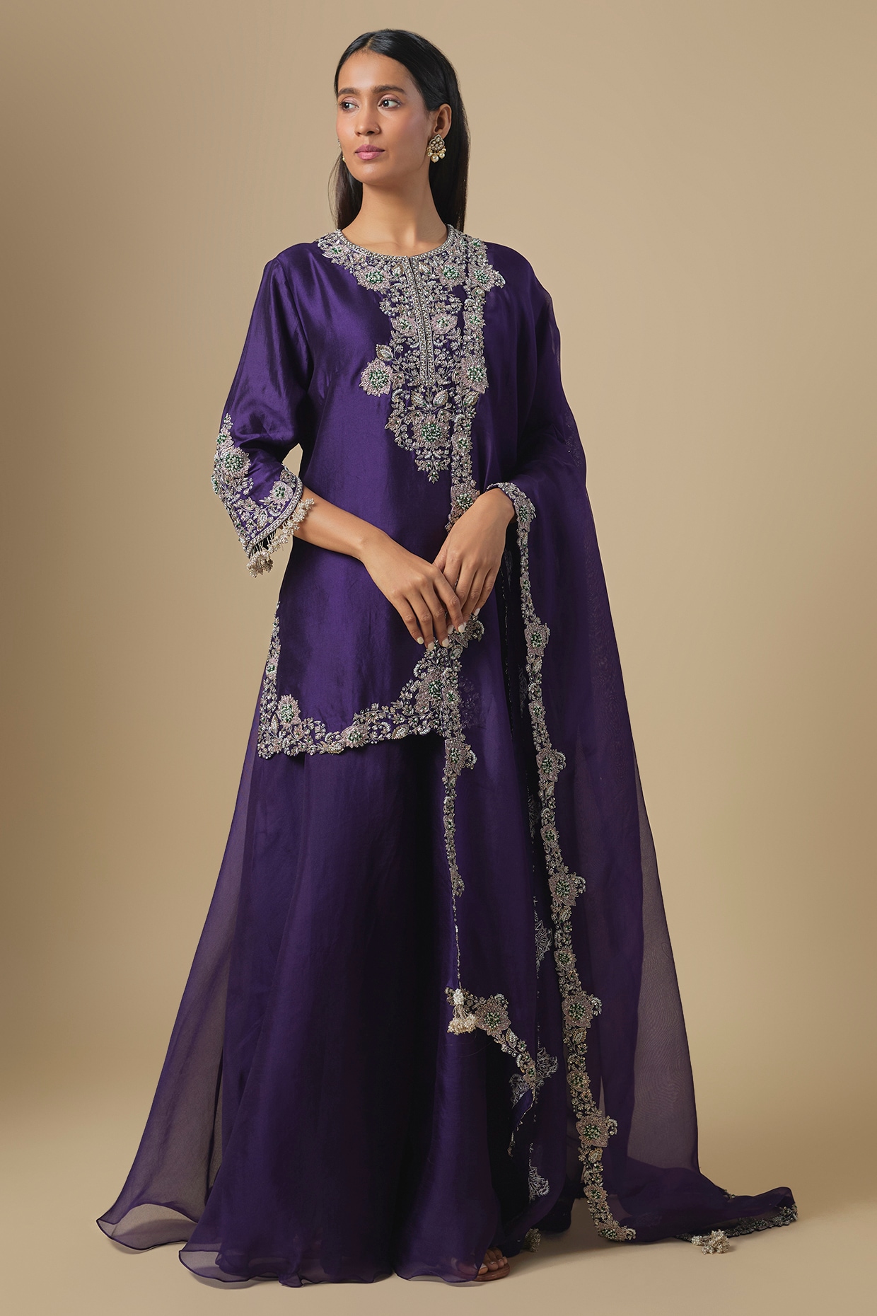 Prisho Dark Purple Silk Resham & Maal Embroidered Kurta Set