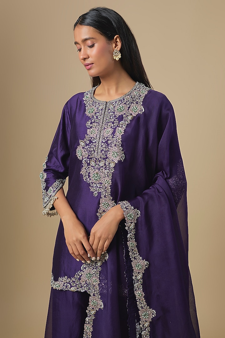 Dark Purple Silk Resham & Maal Embroidered Kurta Set by Prisho at Pernia's Pop Up Shop