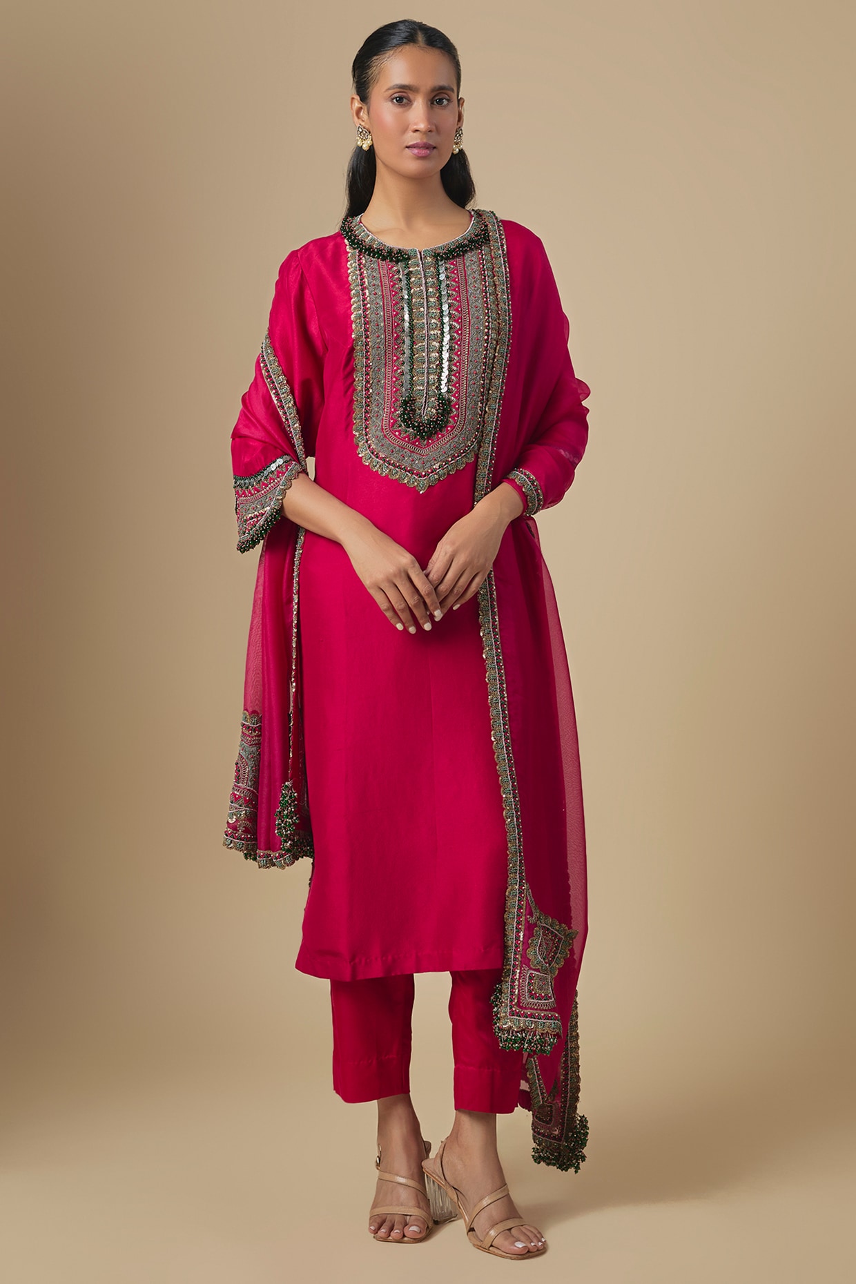Prisho Cherry Red Silk Dori & Thread Embroidered Kurta Set