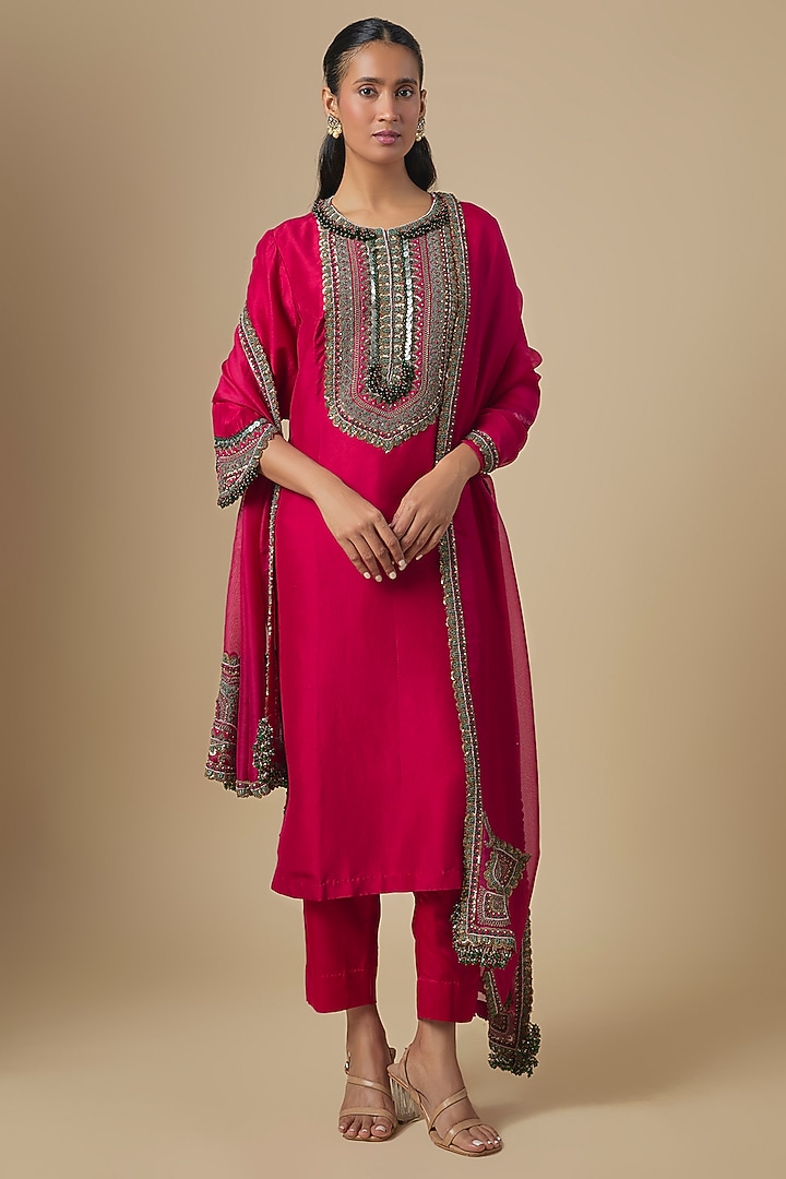 Cherry Red Silk Dori & Thread Embroidered Kurta Set by Prisho at Pernia's Pop Up Shop
