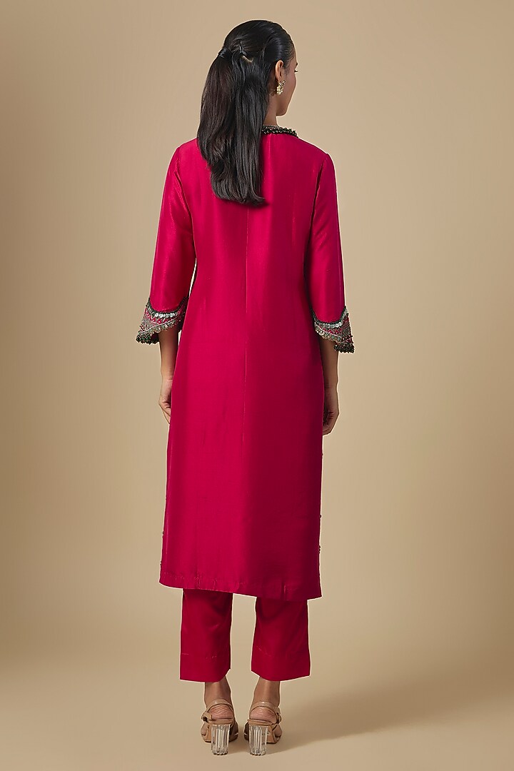 Cherry Red Silk Dori & Thread Embroidered Kurta Set by Prisho at Pernia's Pop Up Shop