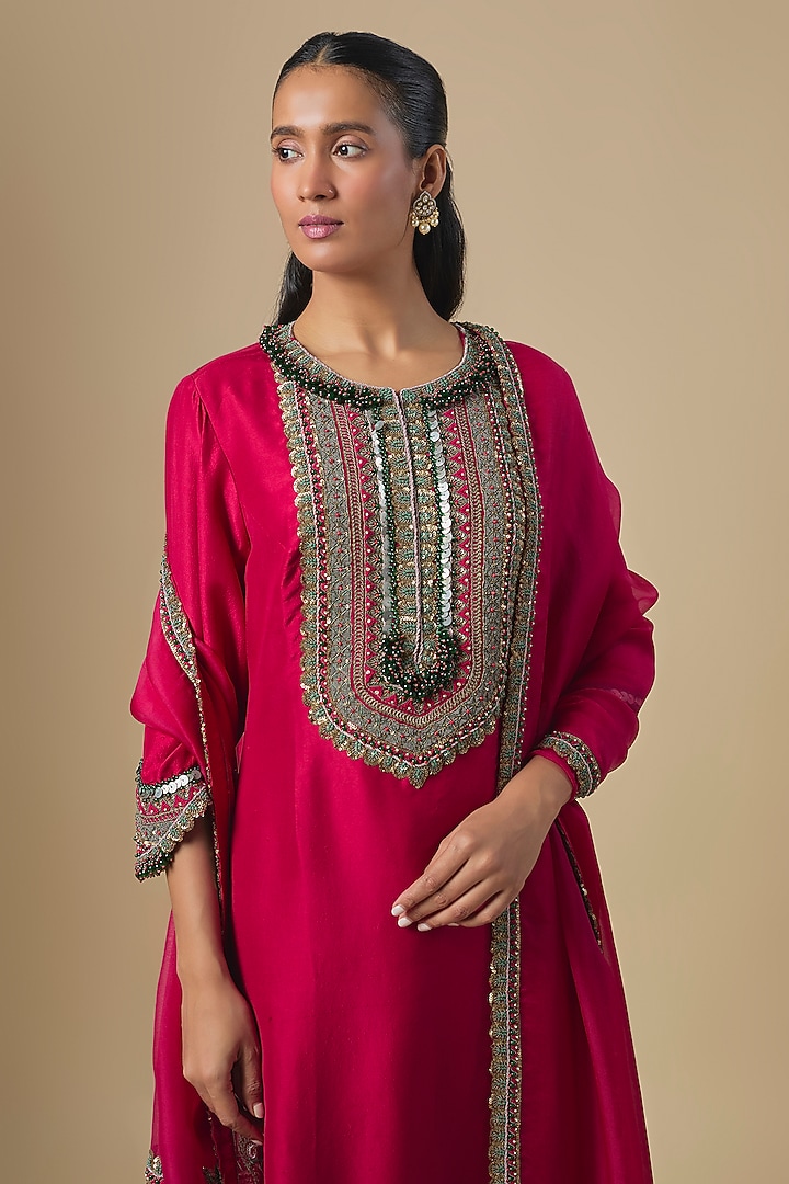 Cherry Red Silk Dori & Thread Embroidered Kurta Set by Prisho at Pernia's Pop Up Shop
