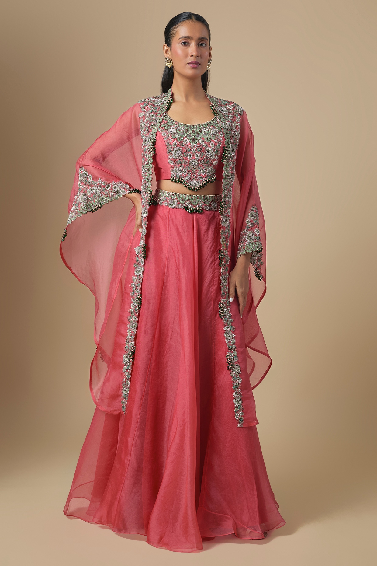Prisho Deep Coral Silk Thread Embroidered Lehenga Set