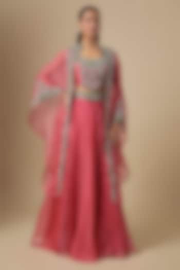 Deep Coral Silk Thread Embroidered Wedding Lehenga Set by Prisho at Pernia's Pop Up Shop
