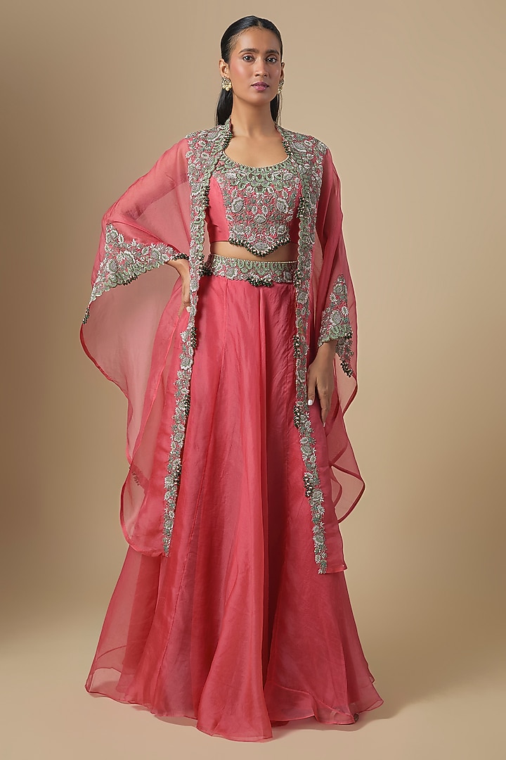 Deep Coral Silk Thread Embroidered Wedding Lehenga Set by Prisho at Pernia's Pop Up Shop
