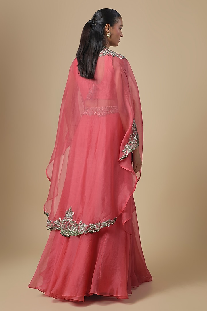 Deep Coral Silk Thread Embroidered Wedding Lehenga Set by Prisho at Pernia's Pop Up Shop