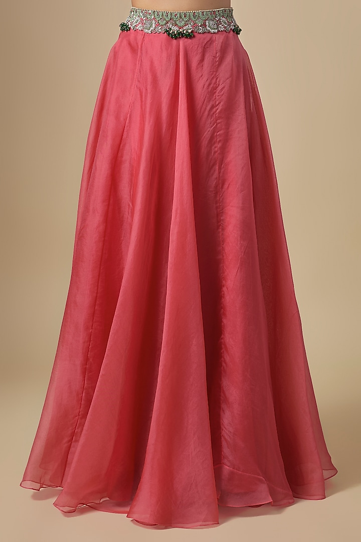 Deep Coral Silk Thread Embroidered Wedding Lehenga Set by Prisho at Pernia's Pop Up Shop