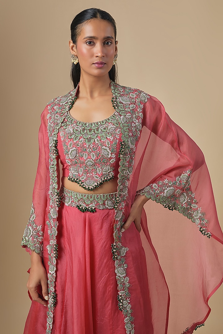 Deep Coral Silk Thread Embroidered Wedding Lehenga Set by Prisho at Pernia's Pop Up Shop