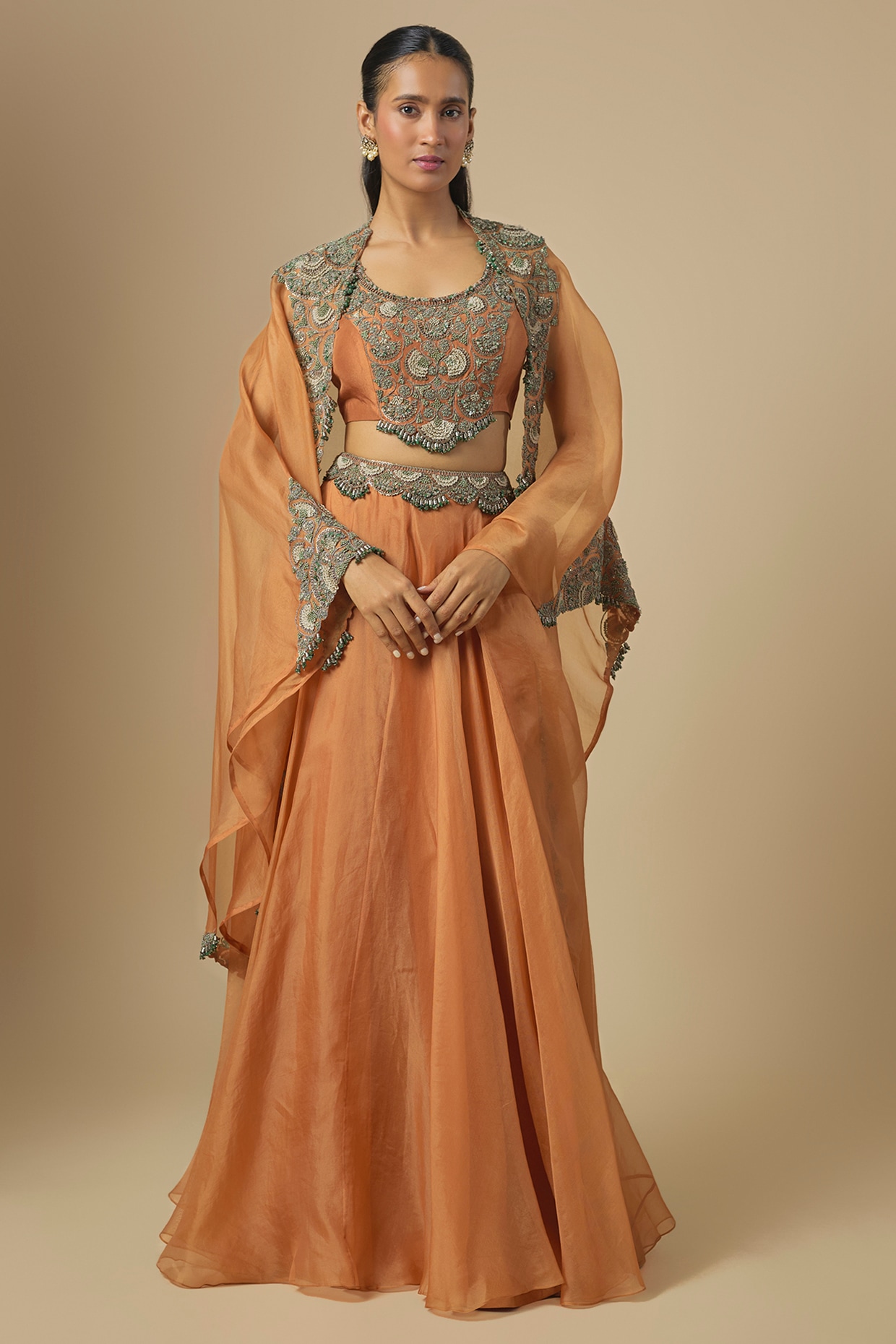 Prisho Rust Orange Silk Thread Embroidered Lehenga Set