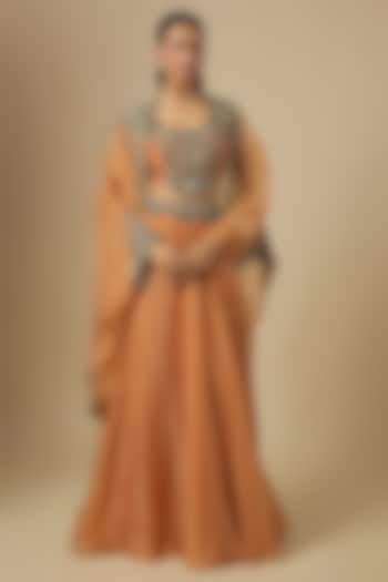 Rust Orange Silk Thread Embroidered Wedding Lehenga Set by Prisho at Pernia's Pop Up Shop