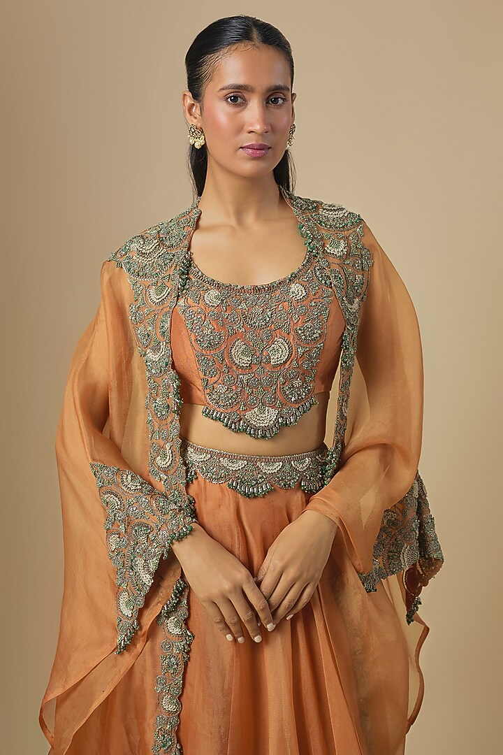 Rust Orange Silk Thread Embroidered Wedding Lehenga Set by Prisho at Pernia's Pop Up Shop