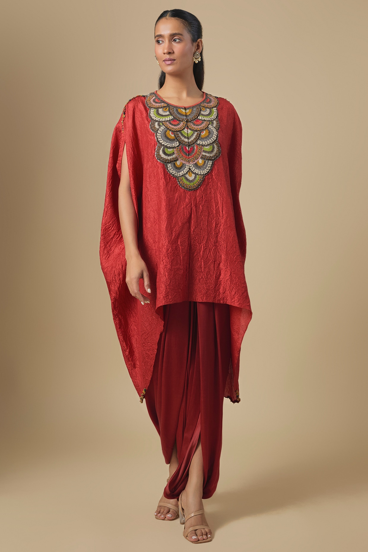 Prisho Deep Orange Crushed Silk Dori & Thread Embroidered Kaftan Set