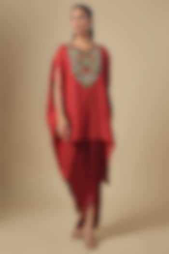 Deep Orange Crushed Silk Dori & Thread Embroidered Kaftan Set by Prisho at Pernia's Pop Up Shop