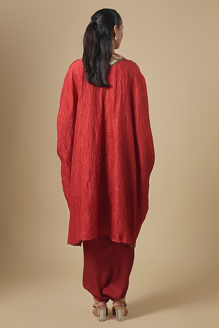 Deep Orange Crushed Silk Dori & Thread Embroidered Kaftan Set by Prisho at Pernia's Pop Up Shop