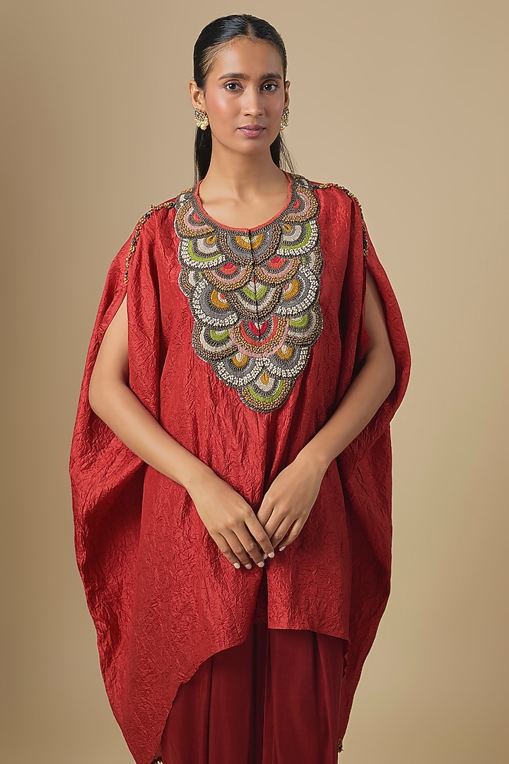 Deep Orange Crushed Silk Dori & Thread Embroidered Kaftan Set by Prisho at Pernia's Pop Up Shop