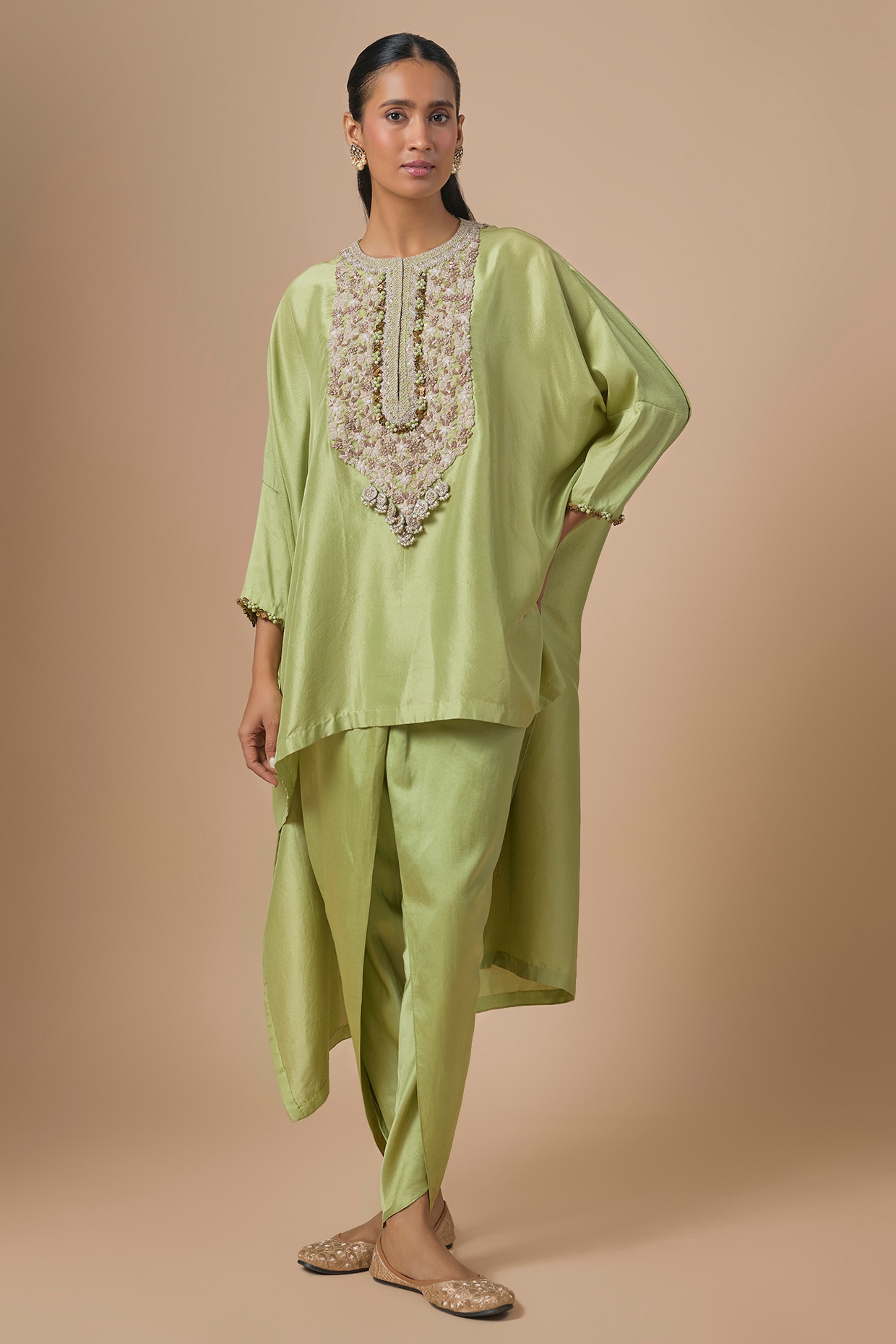 Prisho Sea Green Silk Resham Embroidered Kaftan Set