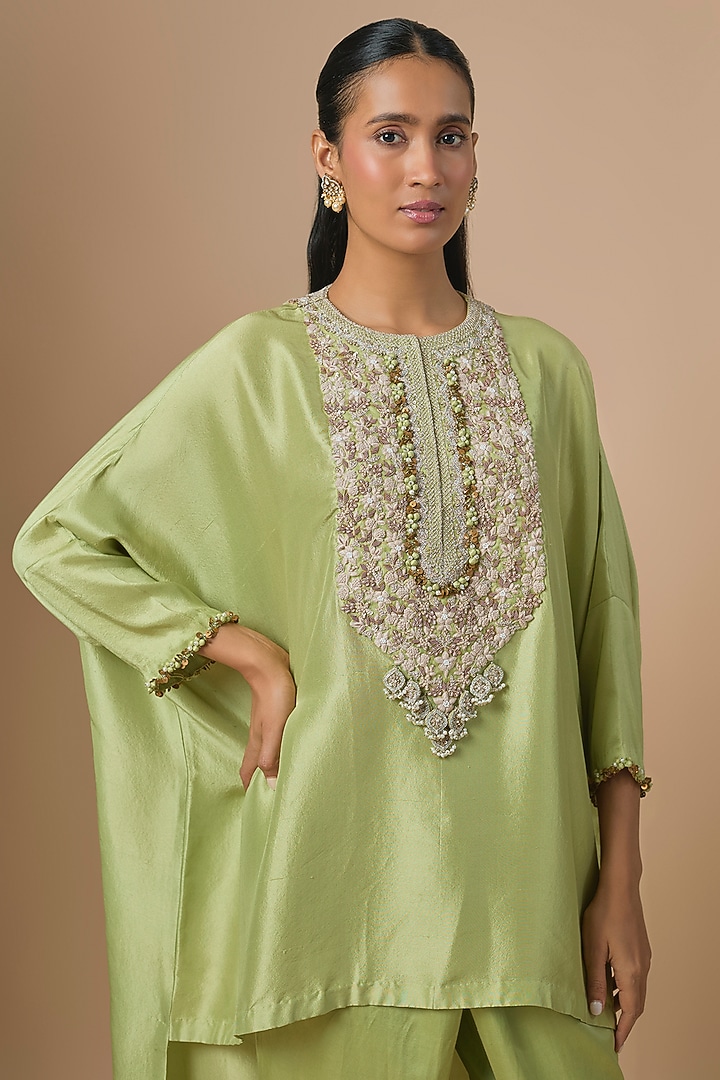 Sea Green Silk Resham Embroidered Kaftan Set by Prisho at Pernia's Pop Up Shop