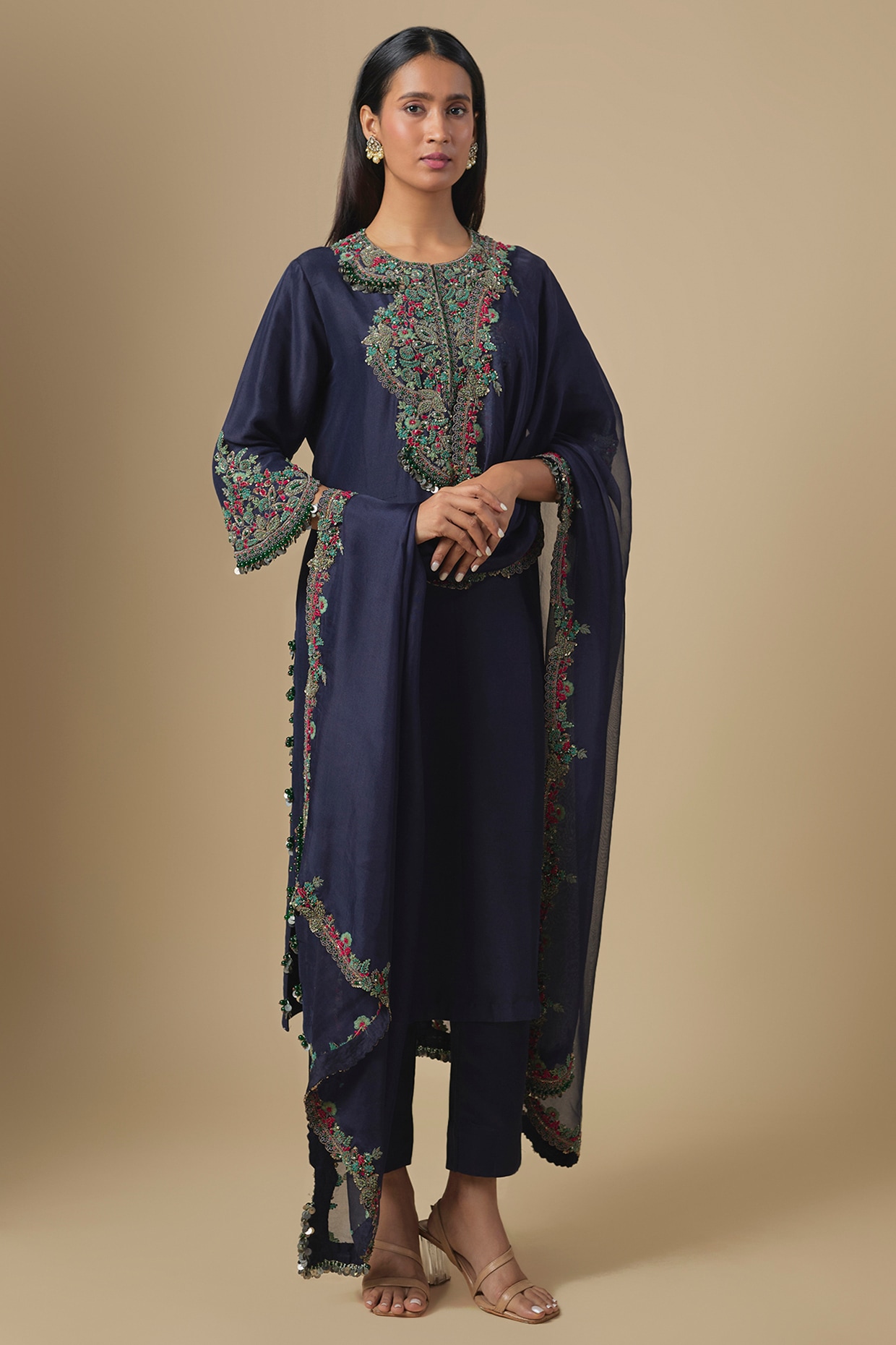 Prisho Royal Blue Silk Dori & Thread Embroidered Kurta Set