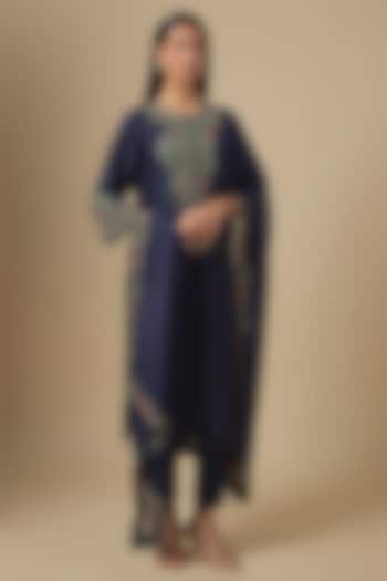 Royal Blue Silk Dori & Thread Embroidered Kurta Set by Prisho at Pernia's Pop Up Shop