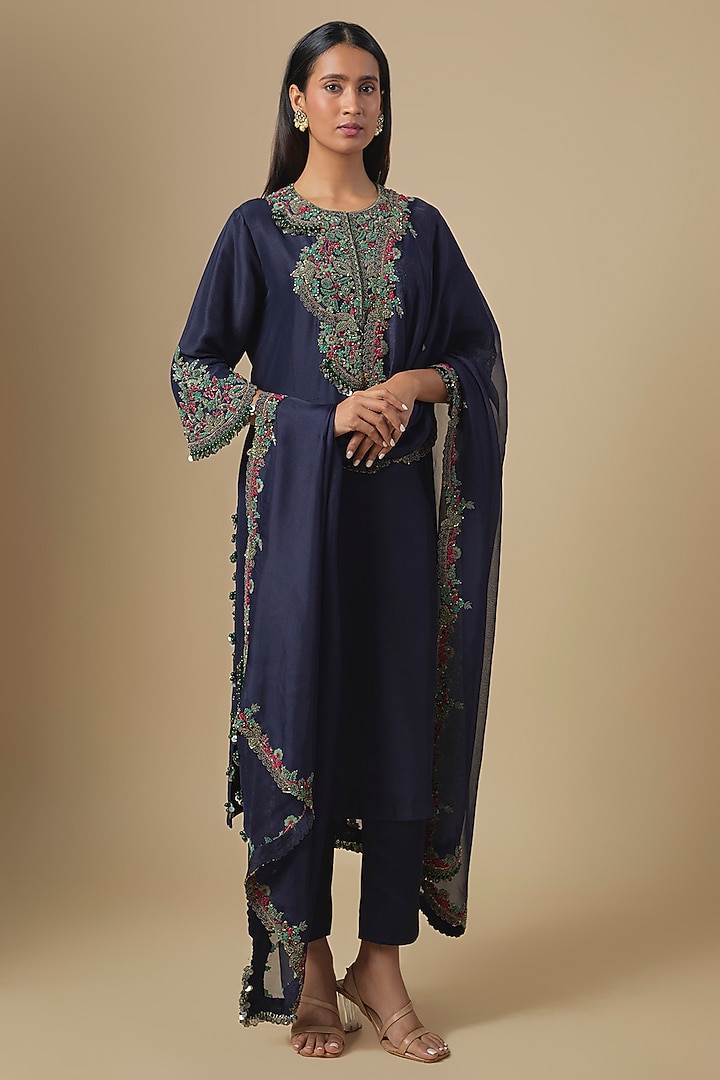 Royal Blue Silk Dori & Thread Embroidered Kurta Set by Prisho at Pernia's Pop Up Shop