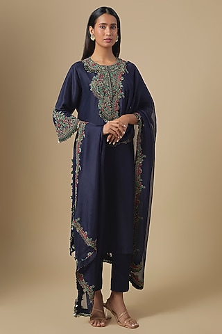 Royal Blue Silk Dori & Thread Embroidered Kurta Set by Prisho
