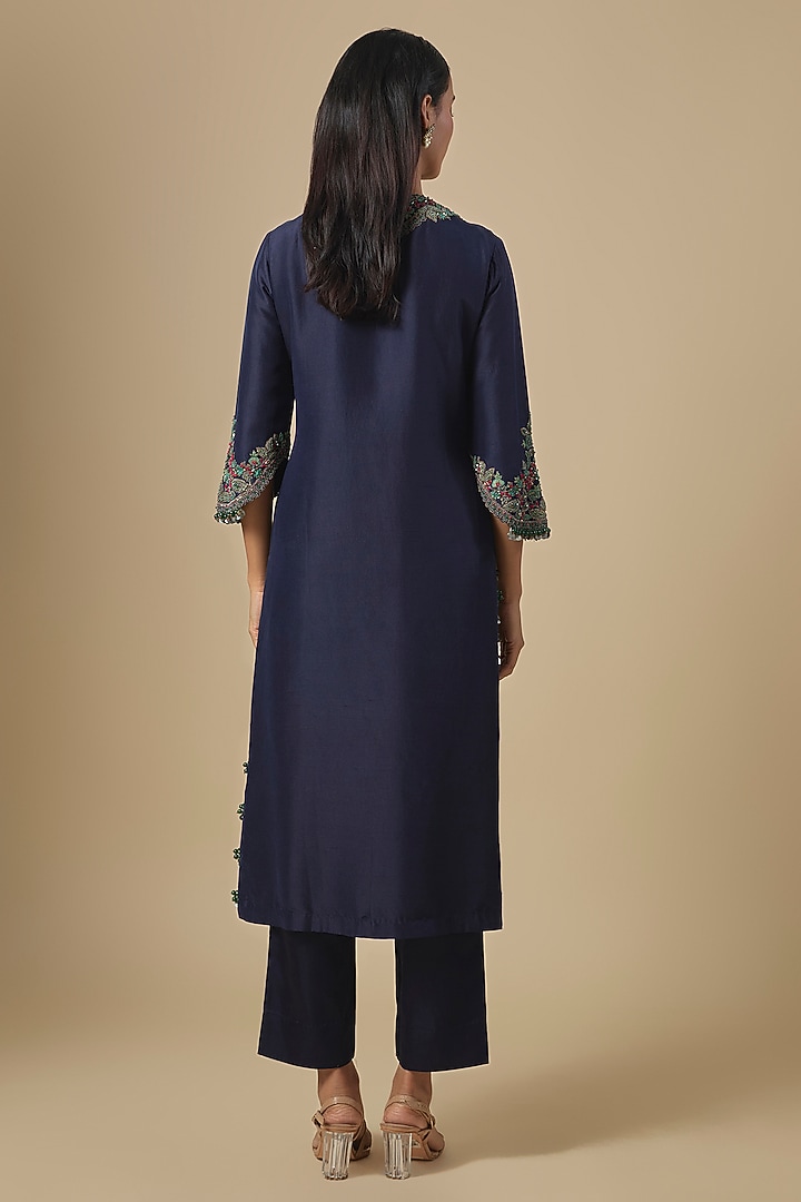 Royal Blue Silk Dori & Thread Embroidered Kurta Set by Prisho at Pernia's Pop Up Shop