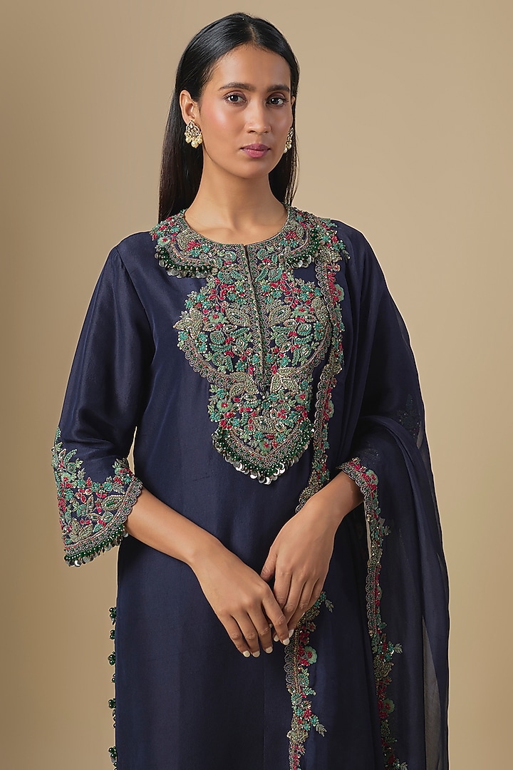 Royal Blue Silk Dori & Thread Embroidered Kurta Set by Prisho at Pernia's Pop Up Shop